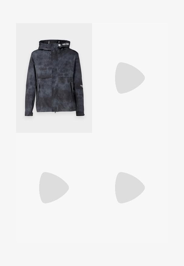 Water-resistant black-gray jacket with a hood, featuring a subtle tie-dye pattern, front zip, and side pockets. Accented with brand logo.; Navy blue short-sleeve cotton T-shirt with "London Fields Superstore" embroidered in green and red on the upper left chest.; Light blue denim jeans with a loose fit, mid-rise waist, and straight legs. Features five pockets, belt loops, and a button closure.; Leather sneakers with a black and cream color scheme, featuring perforated accents, a padded collar, and a textured outsole.