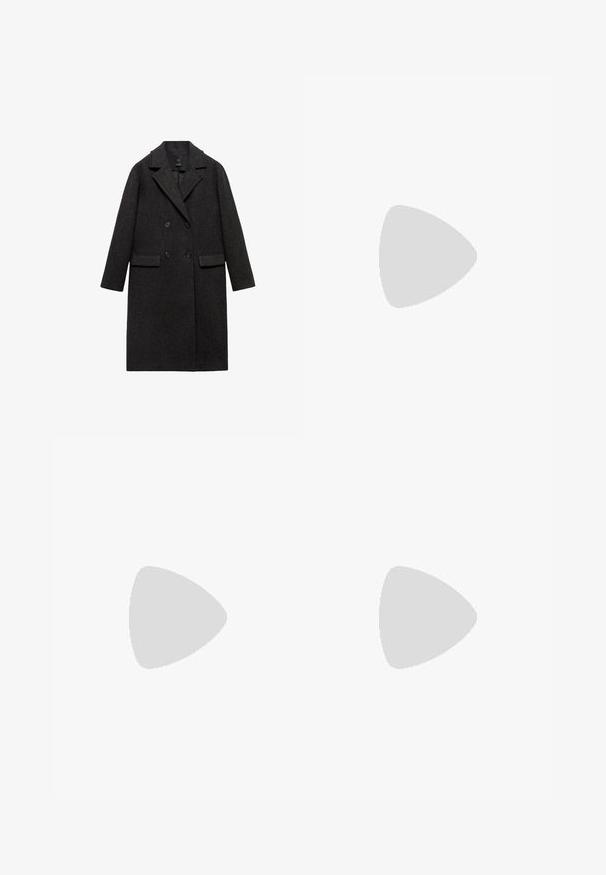 Dunkelgrauer Wollmantel mit doppelter Knopfleiste, Reverskragen, zwei vorderen Taschen und langen Ärmeln.; Dunkelgrauer Strickpullover mit übergroßer Passform, der ein geometrisches cremefarbenes Muster aus Kreisen und Rechtecken aufweist. Hoher Kragen.; Plissierter Rock in Dunkelgrau, aus einem strukturierten Stoff gefertigt. Hat eine ausgestellte Silhouette mit gleichmäßig verteilten Falten und einem flachen Taillenbund.; Schwarze Leder-Stiefelette mit einem strukturierten Seitenpanel, runder Zehenpartie und klobigem Plateau-Sohlenprofil mit Zickzack-Profil.; Schwarze rechteckige Sonnenbrille mit graugläsern, aus glattem Kunststoff. Verfügt über ein minimalistisches Design mit geraden Bügeln und subtiler Markenkennzeichnung.; Schwarze Leder-Hobo-Tasche mit einem lässigen Design, breitem Schultergurt und glatter Textur. Verfügt über einen seitlichen Reißverschluss.