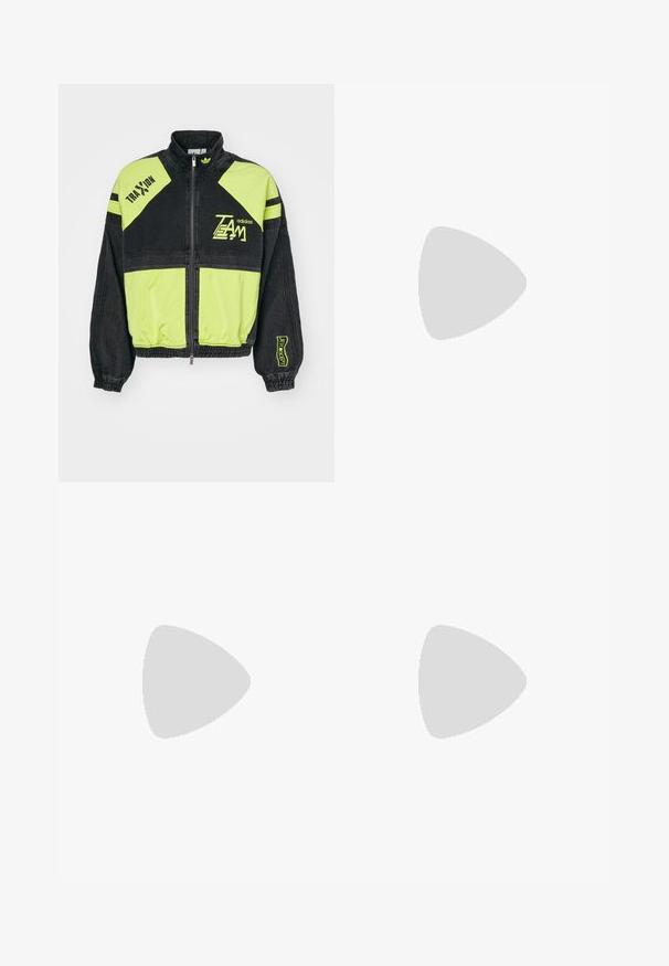 Black and neon green Adidas zip-up jacket with “TEAM” and “TRAXION” text and elastic cuffs and waistband.; Three white ribbed tank tops made of cotton. Features a crew neck and small black labels near the hem. Available in multiple sizes.; Black athletic pants with an elastic waistband, made of smooth fabric, featuring subtle side stitching and a relaxed fit, straight leg design.; Black sneakers with a suede and synthetic upper, featuring three white stripes, textured rubber sole, and blue logo tag on the tongue.