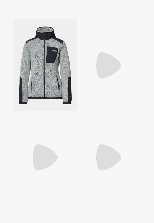 Columbia ARCTIC CREST™ SHERPA FULL ZIP - Fleecejacka - white/black; Långärmad mörkgrå tröja med grafik av röda träd och berg; "COLUMBIA"-logotyp i fet vit text. Mjukt tyg, standard rund hals.; Svarta utomhusbyxor med rak passform, med knappstängning, fickor med dragkedja på sidan och en logotypapplikation på vänster lår.; Svart löparsko med en texturerad mesh-överdel, förstärkt tåhätta och gummisula. Har snörningssystem och logodetaljer på sidan.
