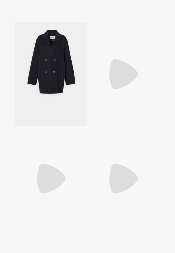 IVY OAK CARAINA - Classic coat - navy blue; JDY JDYMIO SHIRT - Button-down blouse - blue/cloud dancer; Wide-leg dark blue denim jeans with a high waist, featuring a drawstring tie, five pockets, and contrasting stitching details.; Slingback high-heeled shoe in glossy dark brown patent leather, pointed toe, open sides, and adjustable ankle strap.; Brown patterned handbag with a textured fabric, brown leather strap, and gold logo detail on a beige background. Curved, structured shape.