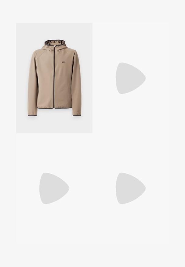 Casaco capuz bege com fecho à frente, detalhes pretos e logótipo no peito. Feito de um tecido suave e elástico com um design ajustado.; Camisola polo azul-marinho feita de tecido malhado com gola de zíper curto, mangas curtas e bainha justa. Apresenta uma textura subtil.; Calças sob medida de cor cinza claro, feitas de um tecido suave, apresentando um fecho com botão, passantes para cinto e um design de perna reta. Sem bolsos visíveis.; Sapatilha de couro branco com acabamento suave, bico redondo, atacadores planos e uma sola texturizada. Apresenta um logotipo discreto no calcanhar.
