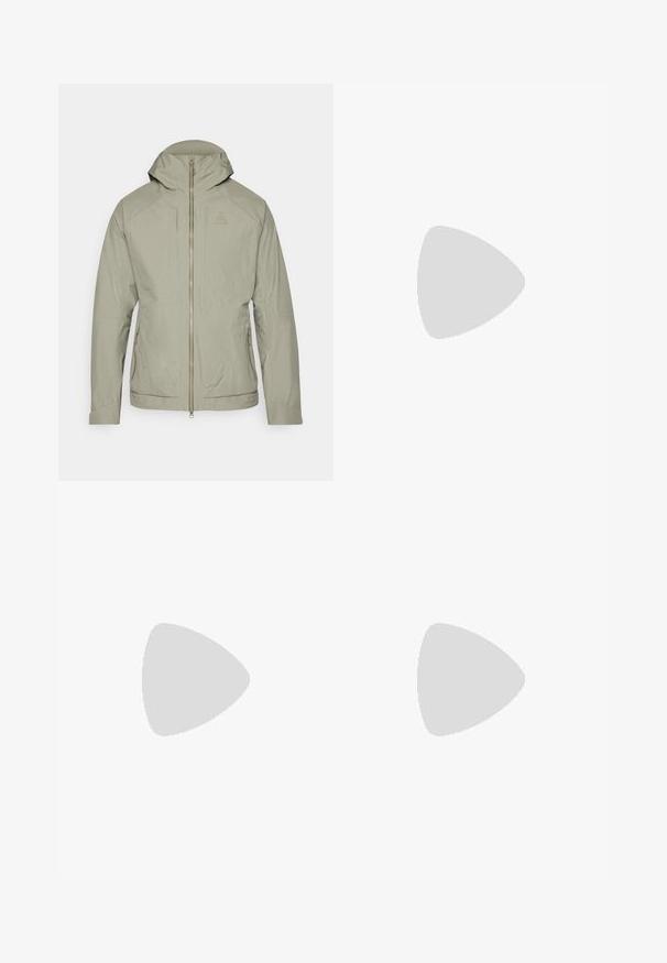 Light olive green jacket with a textured grid pattern, zip closure, adjustable hood, and two side pockets. Features a fitted design.; Black short-sleeve t-shirt made of cotton, featuring a round neckline and a small white logo on the upper left chest area.; Black athletic pants made from lightweight fabric, featuring a drawstring waistband, side pockets, and tapered cuffs at the ankles.; Black trail running shoe with a textured upper, rubber sole, and reinforced toe cap. Features a padded collar and pull tab for easy wear.