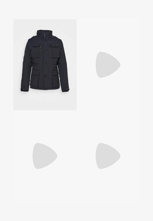 Black insulated jacket with zippered and flap pockets, high collar, button closure, and ribbed cuffs. Smooth texture and tailored fit.; Pack of three white tank tops made of cotton, featuring a rounded neckline and sleeveless design, smooth texture, and standard fit.; Schott Trousers - kaki; Brown suede clog with a round toe, adjustable strap, and a cork footbed. The outsole is dark with a textured design for grip.