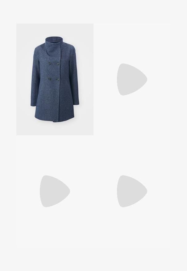Double-breasted coat in dark blue textured fabric. Features a high collar and two black buttons. Straight cut with long sleeves.; White cotton t-shirt featuring a colorful butterfly print on the left chest. Short sleeves and a relaxed fit.; Light blue flared jeans made of denim, featuring a high waist, five pockets, and a single button closure. Soft texture with faded finish.; Black leather pointy-toe pump with an ankle strap and a chunky heel. Flat texture, sleek design, and minimalistic aesthetics.