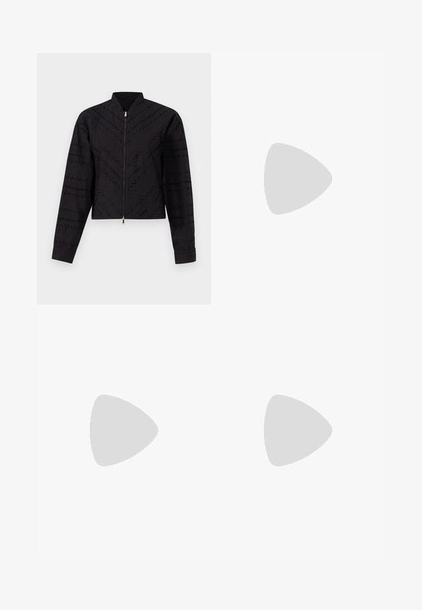Black cropped jacket featuring a subtle textured pattern, a high collar, and a front zipper with a gold accent detail.; Marella ELEGIA - Cocktail dress / Party dress - nero; Black leather slingback shoe with a pointed toe, featuring a woven accent and pleated upper design. Flat sole with minimal hardware.; Brown leather handbag with a flap closure, gold-tone hardware, a shoulder strap, and a smooth texture. Compact rectangular shape.