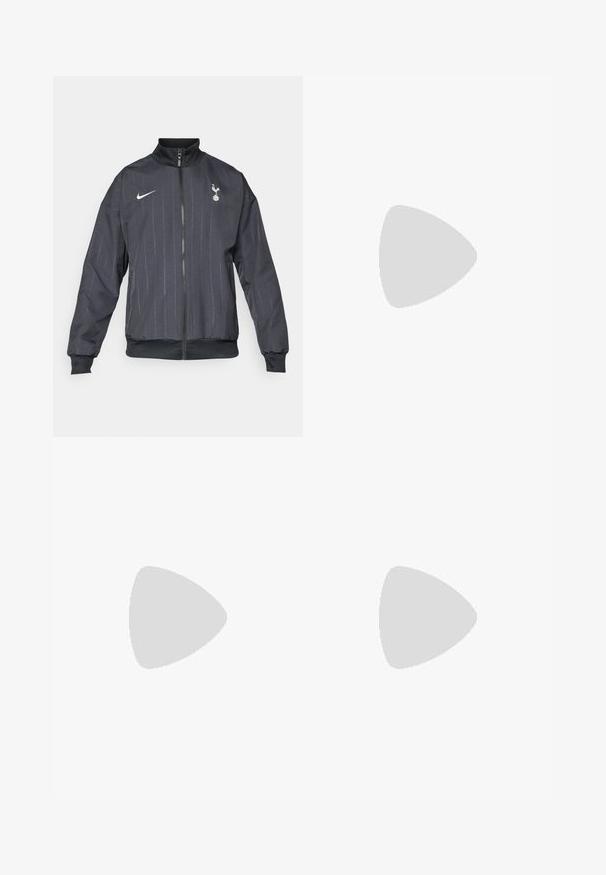 Nike black track jacket with a high collar, front zipper, textured pattern, white logo accents, and elasticized cuffs and hem.; White long-sleeve football jersey with navy blue accents, featuring the Tottenham Hotspur logo and "AIA" in red across the front.; Light grey Nike joggers with black accents. Features embroidered logos, elastic waistband with drawstring, and cuffed ankles.; Black leather sneaker with textured surface, white Nike swoosh, gray sole, round toe, and lace-up design. Features perforations on toe box.