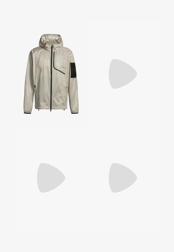 Lightweight, beige hooded jacket with a textured pattern, front zip, and a side pocket. Features black accents and adjustable cuffs.; Two black cotton t-shirts with short sleeves and crew necks. Both feature a red brand label at the neckline. Simple, classic design.; Black sweatpants made of soft fabric, featuring a drawstring waist, slim fit, and a red logo patch on the left thigh.; EA7 Emporio Armani Trainers - black/white