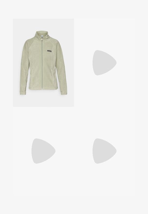 Fleece-takki vaaleanvihreänä, jossa on korkea kaulus, edessä vetoketju ja sivutaskut. Vasemmalla ylhäällä on pieni musta logo.; Vaaleanvihreä lyhythihainen t-paita, joka on valmistettu ribbed-kankaasta, ja siinä on edessä valkoinen "Columbia"-logo. Yksinkertainen pyöreä pääntie.; Yläreunassa olevat leggingsit tummanharmaasta, teksturoidusta kankaasta. Ominaisuuksiin kuuluu tiukka malli ja sivutaskut säilytystä varten.; Musta vaelluskenkä, jossa on puolivartinen muotoilu, jolle on ominaista teksturoitu päällinen, harmaat yksityiskohdat ja kestävä kumipohja, jossa on pitoita lisääviä lukuja.; Musta Columbia Titanium -reppu, jossa on sileä kangas, sivutaskut, yläkahva ja säädettävät hihnat. Minimalistinen muotoilu, jossa on huomaamaton brändäys.