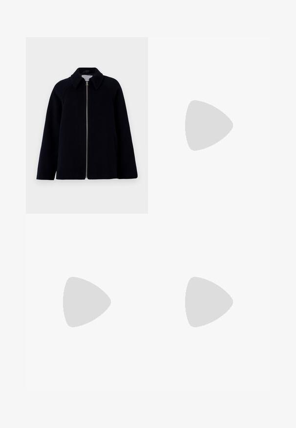 Samsøe Samsøe ALMA JACKET - Short coat - salute; White cable-knit half-zip sweater with ribbed collar, cuffs, and hem, featuring a small embroidered dark logo on the left chest.; Light blue denim jeans featuring a straight leg design, five pockets, and contrast stitching. The fabric appears slightly distressed.; White canvas sneaker with gold eyelets, flat laces, textured rubber sole, and minimal branding on the side. Low-profile design.