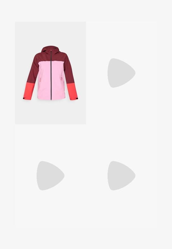 Red and pink waterproof jacket with a hood, featuring a zip front, two side pockets, color-block design, and contrasting sleeve accent.; Long-sleeve dark gray shirt with a graphic of red trees and mountains; "COLUMBIA" logo in bold white text. Soft fabric, standard crew neck.; Navy blue pants made of smooth fabric, featuring a front button closure, slim-fit design, and creased detailing at the knees.; Columbia PEAKFREAK - Hiking shoes - black