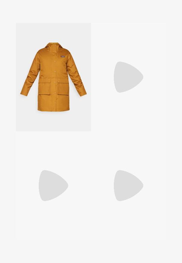 Yellow waterproof coat with a hood, front snap buttons, two large front pockets, and a logo patch on the left side. Smooth texture.; Black Columbia t-shirt with white circular mountain and river line art and text "Columbia Sportswear Company Outside Since 1938."; Black leggings with a high waistband, drawstring, smooth texture, and fitted design. Features stitching details along the sides.; Black hiking boot with a mid-top design, featuring a textured upper, gray accents, and durable rubber sole with traction lugs.