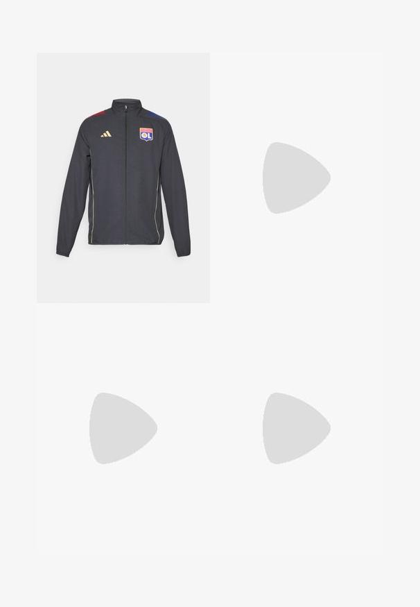 Black athletic jacket with gold accents, featuring a full zipper, high collar, and blue and red horizontal stripes on shoulders. Olympic Lyonnais logo.; Black athletic short-sleeve shirt made of smooth, stretchable fabric. Features a white logo on the chest and flatlock seams for comfort.; Black athletic pants with an elastic waistband, tapered design, side pockets, and subtle logo detail. Made from flexible, breathable fabric.; Black athletic shoes with a lightweight design, featuring three prominent gray stripes, a smooth texture, and a contoured sole.