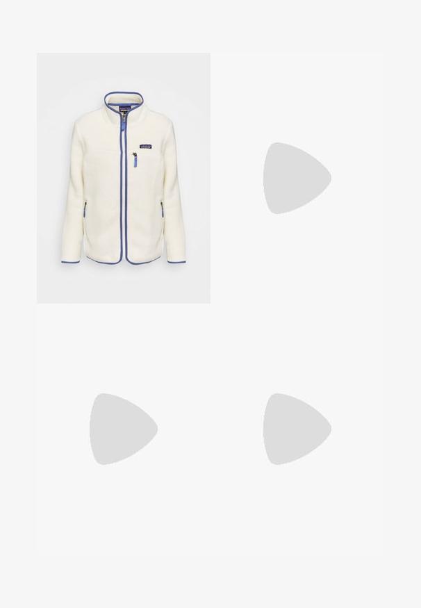 Fleece jacket in off-white with blue accents. Features a high collar, front zip, and zippered side pockets. Textured fabric finish.; Black long-sleeve t-shirt made of cotton with a round neck. Features a small white logo on the left chest area. Simple design and fit.; Black nylon zip-off cargo trousers with adjustable cuffs, multiple pockets, and a logo on the right leg. Smooth, lightweight texture.; Beige and cream athletic shoe with textured mesh upper, supportive overlays, and rubber outsole featuring a tread pattern for traction.