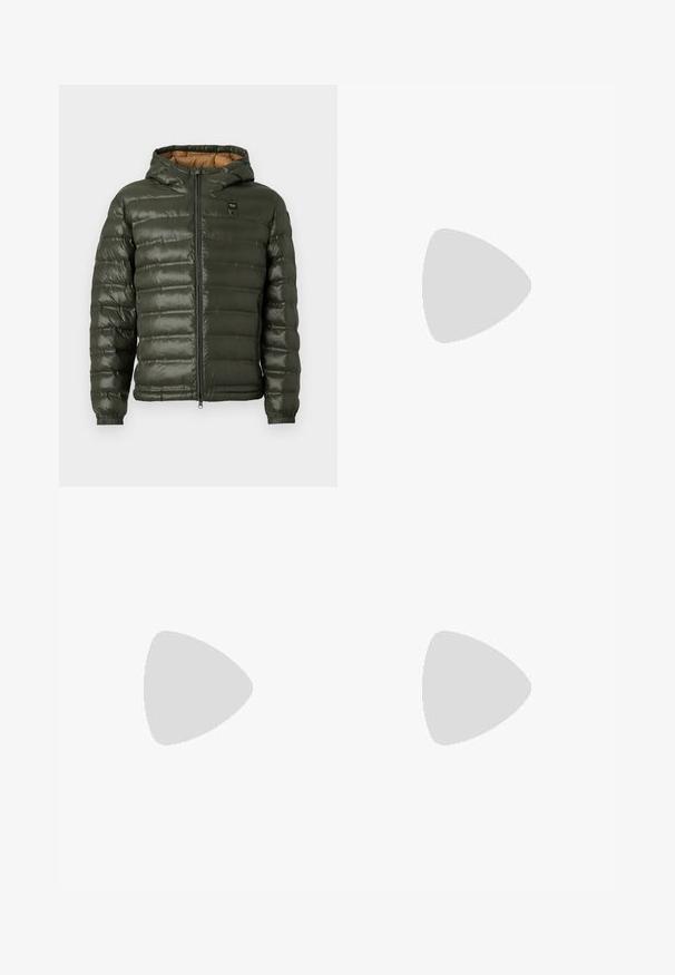 Olive green puffer jacket with a hood, featuring a zip front, horizontal quilted design, elastic cuffs, and a tan interior lining.; Long-sleeved white cotton shirt with a round neckline, side slits at the bottom, and a smooth texture, displayed from the back.; Light blue denim jeans with a straight-leg design, five pockets, button closure, minimal fading, and contrasting stitching details.; White sneaker with a smooth leather upper and a low profile. Features a rounded toe, six eyelets, and a textured rubber sole.