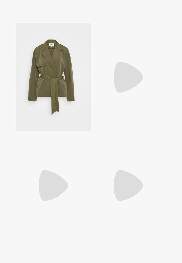 Olive green jacket with a belted waist, collar, and a single top pocket. Features a smooth fabric and tailored design with long sleeves.; Three fitted T-shirts in white, gray, and black. Each features a wide scoop neckline and short sleeves. Made from smooth, stretchy fabric.; Black flared pants made of stretchy fabric, featuring a high waistband and a smooth texture. The pants flare out from the knee.; Black canvas high-top sneakers with white rubber soles and laces. Features a circular logo on the side and contrasting white stitching.