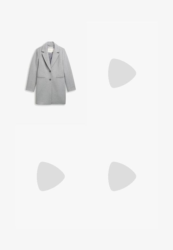 Gray wool blend coat with a notched lapel, two-button closure, side pockets, and long sleeves. Smooth texture and tailored design.; White short-sleeve t-shirt with ruffled sleeves, round neckline, and a soft cotton material. Label reads "ANNA FIELD." Simple, clean design.; Black, wide-leg pants with an elastic waistband and adjustable drawstring. Made from a smooth, lightweight fabric with no visible patterns.; Navy blue suede high heel shoe with a round toe, ankle strap, and a textured brown wooden block heel. Smooth interior lining.