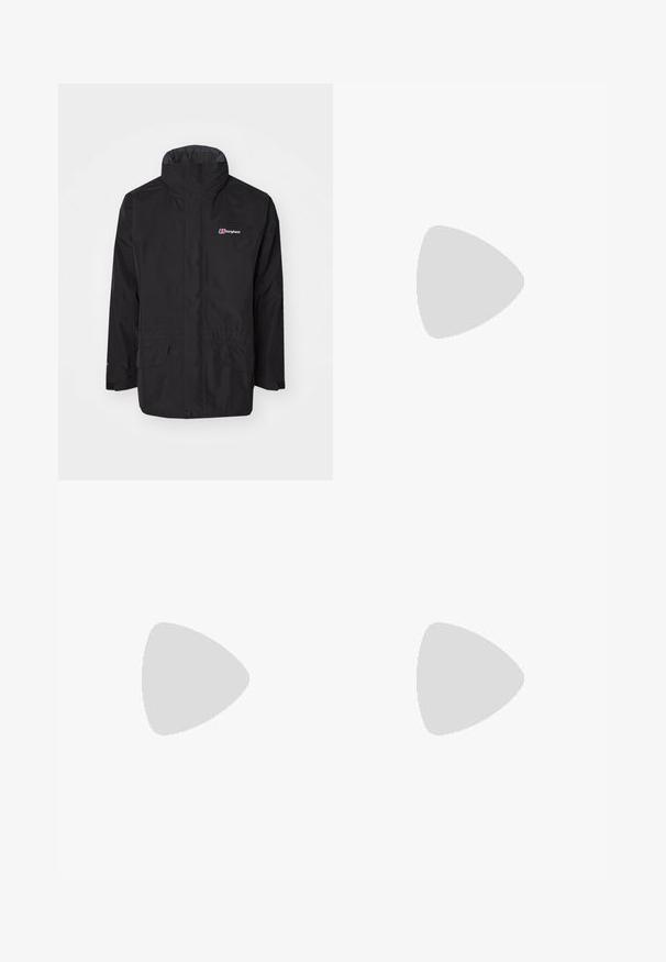 Berghaus CORNICE III INTERACTIVE JACKET - Hardshell jacket - black; Black short-sleeve t-shirt made of cotton, featuring a round neckline and a small white logo on the upper left chest area.; The North Face MOUNTAIN ATHLETICS WIND PANT - Outdoor trousers - black; The North Face OFFTRAIL VERSA - Hiking shoes - black/white