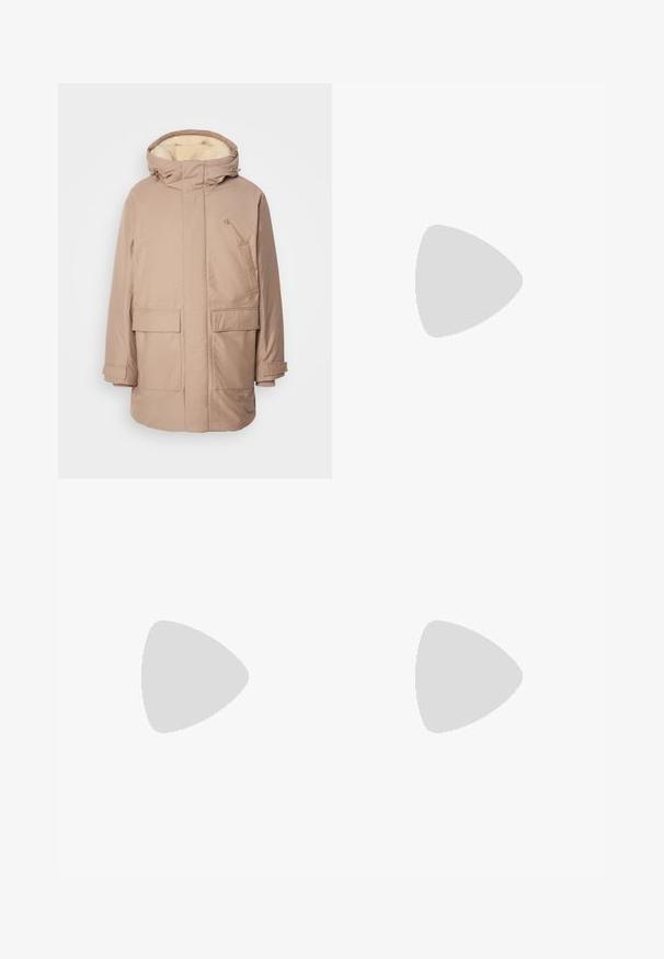 Beige insulated parka with a hood, featuring a soft, light-colored inner lining, two front pockets, and a logo on the chest.; White cotton t-shirt with a crew neck, short sleeves, and a printed logo. Features minimalist design and relaxed fit.; Beige denim jeans with a straight leg design, featuring front pockets, a metal button closure, and subtle texture.; Black leather sneaker with white rubber sole, round toe, and lacing. Features a smooth texture and subtle branding on the tongue.