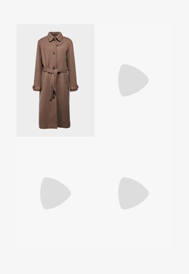 Herringbone patterned brown coat with a collar, front buttons, side pockets, and a fabric belt. Textured wool material, long sleeves.; Black short-sleeve crew neck t-shirt with a white tag inside the collar labeled "D.R.C. EST. 2002" on a white background.; Won Hundred CAMILLE TROUSERS - Trousers - licorice; Black leather knee-high boots with a smooth texture, square toe, block heel, and side pull tab, featuring minimal stitching details.