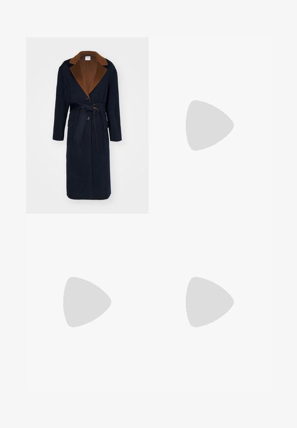 Navy wool coat with a brown collar, long sleeves, front buttons, and a belted waist. Features two front pockets and a tailored design.; White sleeveless top with thin straps, made from lightweight fabric. Featuring a loose design and gathered texture at the hem.; Black wide-leg trousers made of smooth fabric, featuring a high waist, pleats, and a tailored design. Simple black hardware at the waist.; Black knee-high boots with a glossy finish, square toe, and a chunky heel. The design features a smooth texture and a sleek silhouette.