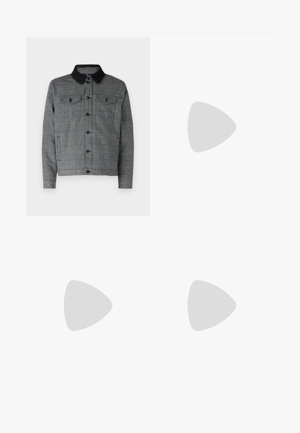 Sort og grå plaidjakke med en sort sherpa-krave, frontknaplukning og to brystlommer med flap. Materialet er en bomuldsblanding.; To normale t-shirts i pasform, én sort og én hvid, lavet af bomuld. Hver har en rund hals og korte ærmer. Enkel design, ingen mønstre.; Lys blå denim jeans med en let slidt finish, lige ben design, fem-lomme stil og metal detaljer i taljen.; Brune og blå ternede brede benbukser parret med hvide sko med sorte accenter og strukturerede såler, sat mod en grøn baggrund.