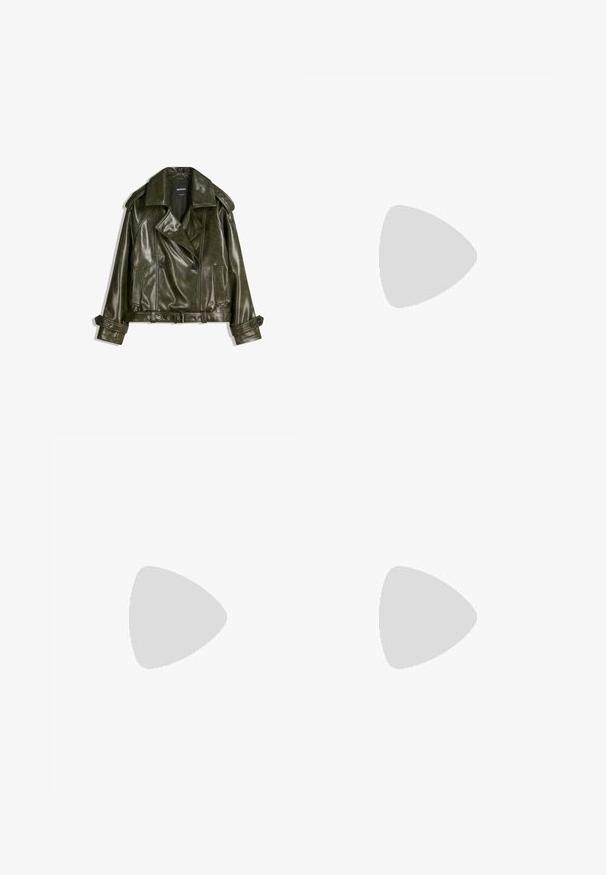 Cropped dark green leather jacket with a double-breasted design, large lapels, and two front pockets. Features adjustable cuffs and a belt.; White short-sleeve blouse with vertical and chevron stripes, featuring a front zipper, pointed collar, and two front pockets.; Light gray denim jeans with a straight-leg design, featuring two front pockets, a button closure, and subtle fading for texture.; Brown suede ankle boots with a rounded toe, low-cut design, and a textured rubber sole featuring a slight platform and pull tab.; Hobo bag in soft beige suede with a slouchy shape, wide shoulder strap, and a hand-stitched seam detail along the front.