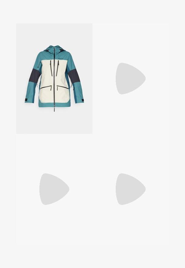 Peak Performance VERTICAL GORE-TEX PRO JACKET - Giacca da sci - hydro fresh/sand fog/infinity teel; Top corto bianco senza maniche realizzato in un tessuto liscio e elasticizzato. Presenta un collo rotondo e sottili dettagli di cucitura lungo i bordi.; Pantaloni shorts neri realizzati in materiale morbido, dotati di una cintura elastica con cordoncino, tasche laterali e un design semplice ed elegante.; Scarpe da corsa blu con accenti neri, dotate di una tomaia testurizzata, collo imbottito e una suola intermedia spessa nera e turchese con suola Vibram.; Occhiali da sole bianchi con lenti marroni, forma ovale, realizzati in plastica liscia, con dettagli grigi sulle aste e un logo sulla montatura.