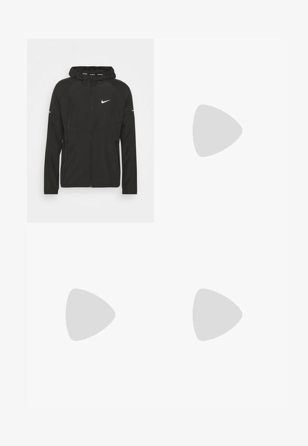 Veste de course Nike noire avec fermeture éclair à l'avant, capuche et manches longues. Présente un logo blanc sur la poitrine et des rayures sur les manches.; T-shirt de course noir Nike en matériau léger et respirant, avec des manches courtes et un petit logo blanc sur la poitrine.; Pantalon de sport noir en tissu lisse, avec une taille élastique, des jambes fuselées et un petit logo blanc sur le côté gauche.; Chaussure de sport noire avec une tige texturée, un swoosh blanc de Nike et une semelle extérieure en caoutchouc blanc. Elle présente un design à lacets et une forme dynamique.