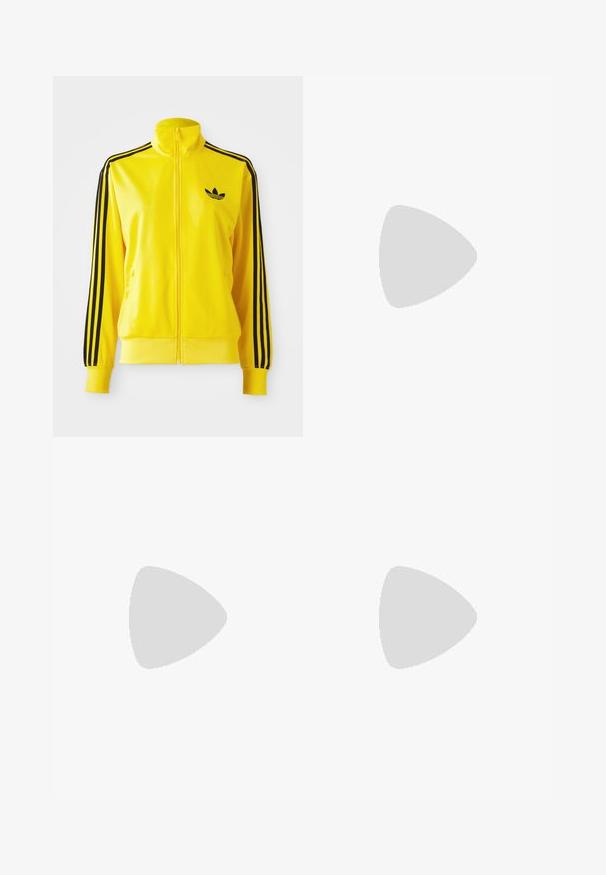 Gul zip-up jakke laget av glatt materiale, med svarte striper langs skuldrene og svart logo på brystet.; Brun bomulls t-skjorte med korte ermer, rund hals og hvit Adidas-logo sentrert på brystet, med ensartet design og avslappet passform.; Brune treningsbukser med vid ben-design, hvite sidestriper, elastisk midje og to sidelommer. Har en liten logo på benet.; adidas Originals SAMBA UNISEX - Joggesko - preloved brown/sand strata/dark brown