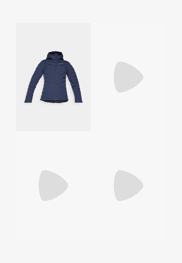 Marineblaue Steppjacke mit Kapuze, Reißverschluss, Zickzacksteppmuster und elastischen Bündchen für Isolierung und Passform. Leichtes und strukturiertes Material.; The North Face SHADOW LONG SLEEVE - Langarmshirt - white dune; Schwarze, taillierte Hosen mit glatter Textur, Reißverschlusstaschen, flachem Vorderteil und leicht ausgestelltem Saum. Hergestellt aus leichtem Material.; Leichter Columbia Sportschuh aus weißem Mesh mit einer strukturierten grauen Sole und Gummitraktion. Verfügt über einen gepolsterten Kragen und ein Schnürdesign.