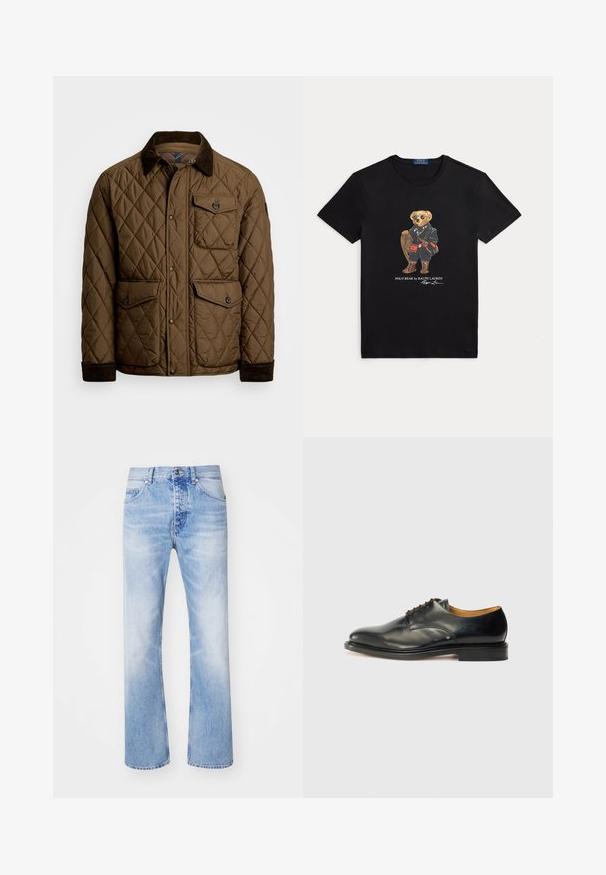 Jachetă căptușită maro cu guler din catifea, având o închidere frontală cu capse, două buzunare frontale și un buzunar pe piept.; Tricou negru cu gât rotund, cu un grafic cu un urs purtând ochelari de soare, echipament de iarnă și ținând o râșniță de zăpadă, inscripționat "Polo Bear by Ralph Lauren."; Jeans din denim de un albastru deschis, cu un design drept, având un stil clasic cu cinci buzunare și un model ușor decolorat.; Pantof cu toc din piele neagră, cu un finisaj neted, vârf rotund și șireturi minime. Prezintă un design subtil și o talpă din cauciuc joasă și rezistentă.