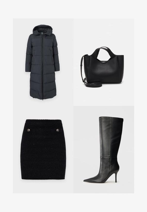 Hosszú steppelt kabát sötétszürke színben, cipzáras elülső résszel, kapucnival és oldalsó zsebekkel. Steppelt minta, texturált panelek.; Fehér, laza szabású gombos ing, sparhelt nyakkal, hosszú ujjakkal és enyhén rövidített szegéllyel. Simány, könnyű anyag.; Fekete textúrájú szoknya vízszintes csíkokkal, díszítő elejével ellátott zsebekkel és ezüst tónusú gombokkal, valamint testhezálló sziluettel.; Fekete bőr térdmagasságú csizma hegyes orral és karcsú tűs sarokkal, sima textúrával, oldalnézet semleges háttér előtt.; Fekete bőrtáska texturált felülettel, szögletes formával, két füllel és állítható vállpánttal. DKNY logós díszítéssel rendelkezik.