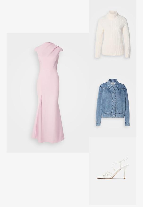 Light blue denim jacket with a collar, front snap closure, pleated puff sleeves, and ribbed cuffs. Features a smooth texture and subtle stitching.; White ribbed turtleneck sweater in a soft knit material. Features long sleeves, a fitted silhouette, and a high, rolled neckline.; Pink sleeveless gown with a high neckline, fitted bodice, flared skirt, and side split, made from smooth, stretchy fabric.; White strappy high-heeled sandal with a flat toe base, textured front with gathered accents, and a slim ankle strap.