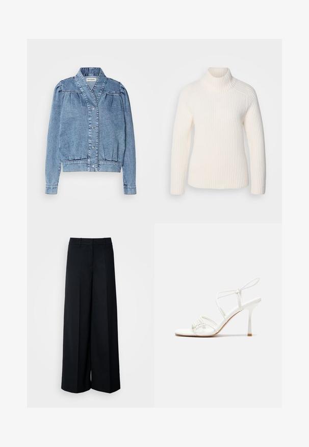 Light blue denim jacket with a collar, front snap closure, pleated puff sleeves, and ribbed cuffs. Features a smooth texture and subtle stitching.; White ribbed turtleneck sweater in a soft knit material. Features long sleeves, a fitted silhouette, and a high, rolled neckline.; Black wide-leg trousers with a high waist, featuring pleats, side pockets, and a smooth texture. The design emphasizes a straight silhouette.; White strappy high-heeled sandal with a flat toe base, textured front with gathered accents, and a slim ankle strap.
