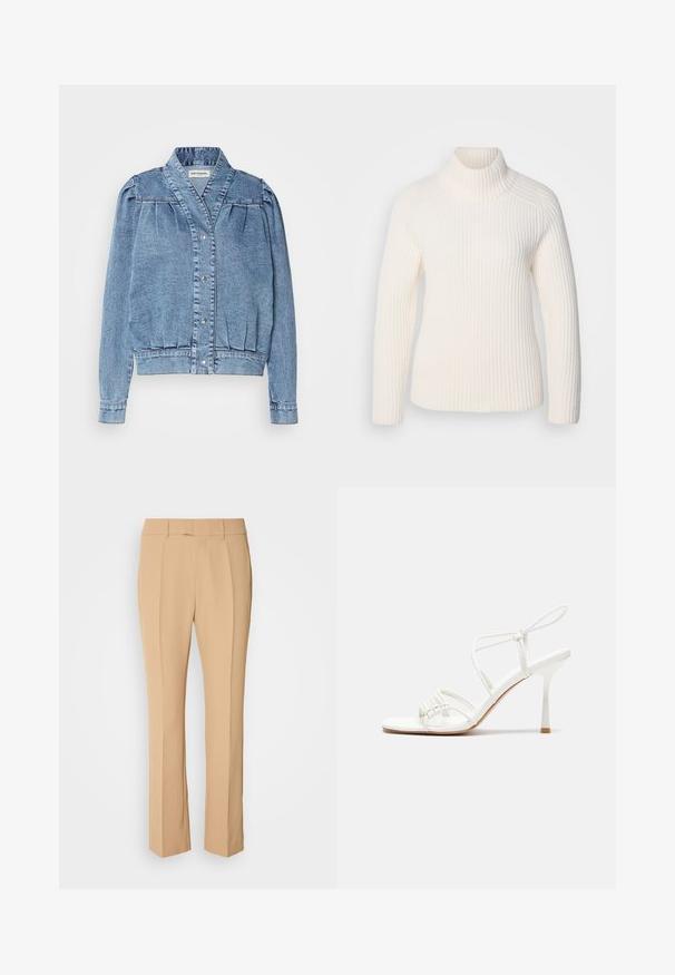 Jasnoniebieska dżinsowa kurtka z kołnierzem, z przodu zapinana na zatrzaski, z plisowanymi bufkami i ściągaczami na rękawach. Charakteryzuje się gładką fakturą i subtelnymi stębieniami.; Biały sweter z golfem w prążkowanym wzorze, wykonany z miękkiego materiału. Posiada długie rękawy, dopasowany krój oraz wysoki, zawijany dekolt.; Beżowe spodnie o prostym kroju, z dwiema plisami z przodu, płaskim przodem i gładkim, lekkim materiałem.; Białe sandały na wysokim obcasie z paskami, z płaską bazą na palcach, teksturowanym przodem z marszczonymi akcentami oraz cienkim paskiem na kostce.