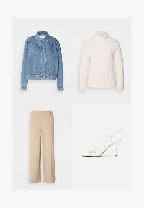 Gaiši zila džinsa jaka ar apkakli, priekšējo sprādzi, krokotiem pūkainiem piedurknēm un ribotām aprocēm. Iezīmējas ar gludu tekstūru un smalku šuvju dizainu.; Balts ribots turtlenecks džemperis mīkstajā adījumā. Ievērojamas garās piedurknes, pieguļošs siluets un augsts, sarullēts apkakle.; Bežīgas platās bikses, izgatavotas no strukturēta auduma, ar minimālistisku dizainu, kas ietver presētas krokas un platu jostas vietu.; Baltas striķu augstpapēžu sandales ar plakanu pirkstu daļu, teksturētu priekšpusi ar saveltiem akcentiem un šauru potītes siksniņu.