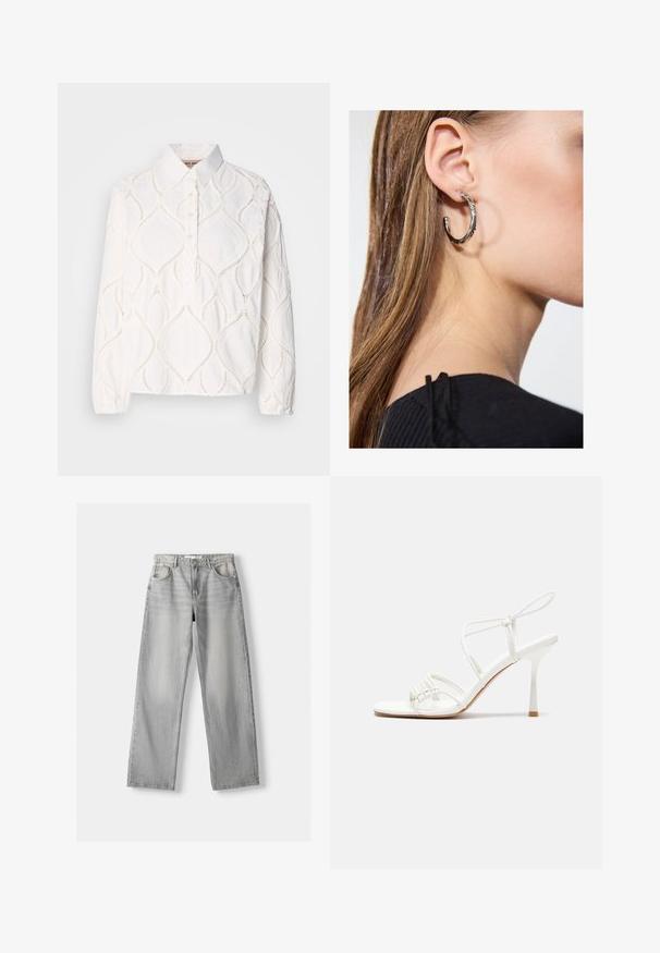 Svijetloplava traper jakna s ovratnikom, prednjim kopčanjem na dugmad, naboranim puf rukavima i rebrastim manžetama. Ima glatku teksturu i suptilno šivanje.; Bijela bluzica dugih rukava s ovratnikom, koja se ističe teksturiranom vezom u dijamantnom uzorku i dugmadima na prednjem dijelu. Mekana, lagana tkanina.; Svijetlosive traperice s ravnim nogavicama, koje imaju dva prednja džepa, kopčanje na gumb i suptilno izblijedjenje za dodatnu teksturu.; Bijele sandale s visokom potpeticom i trakama, ravno oblikovanim prstima, teksturiranim prednjim dijelom s naboranim detaljima i uskom trakicom oko gležnja.; Srebrna kružna naušnica s poliranim završetkom, koja ima male zlatne detalje i okrugli oblik, nošena na uhu.