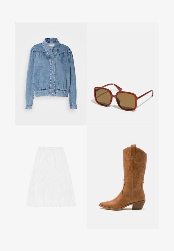 Chaqueta de mezclilla azul clara con cuello, cierre delantero de presión, mangas abullonadas con pliegues y puños de canalé. Presenta una textura suave y costuras sutiles.; Dos tops de algodón en blanco y negro. Cada uno tiene un escote profundo y tirantes delgados, con una textura suave y lisa.; Falda blanca de varias capas hecha de tejido texturizado. Cuenta con una cinturilla elástica y tres volantes horizontales con un aspecto suave y ligero.; Bota de vaquero de cuero marrón claro con punta afilada, patrones de espiral bordados en el tubo y un tacón bloque apilado. Cuenta con una pestaña de agarre para facilitar su uso.; Gafas de sol cuadradas rojas con lentes tintados marrones. Montura gruesa y brillante, con varillas delgadas y un pequeño detalle en el lateral para añadir interés visual.