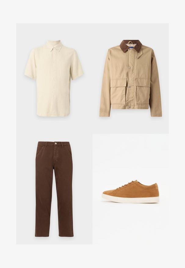 Beige Jacke mit einem braunen Cordkragen, Druckknopfverschluss und zwei großen Vorderaschen. Hergestellt aus strapazierfähigem Stoff mit glatter Textur.; Helles beiges Kurzarmhemd aus strukturiertem Stoff, mit Button-Down-Kragen und vertikalem Rippmuster sowie vorderen Knöpfen.; Braune Baumwollhosen mit geradem Bein, Fronttaschen und metallischem Knopfverschluss. Sie haben eine glatte Textur und ein minimalistisches Design.; Braune Wildleder-Sneaker mit einem Low-Top-Design, weißer Gummisohle und runder Zehenpartie. Verfügt über passende Schnürsenkel und eine minimalistische Markenbezeichnung an der Ferse.