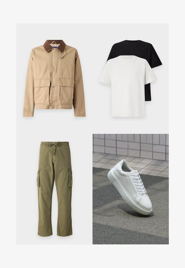 Karmiinpruun bleiser, millel on pruuni sametiga kaelus, nupuga kinnitamine ja kaks suurt esik}üksust. Valmistatud vastupidavast kangast, millel on sile tekstuur.; Puuvillane t-särkide komplekt, mis sisaldab musta ja valget särk, mõlemad lühikeste varrukatega, ümmarguse kaelusega ja standardse lõikega. Tekstuuriga kangas.; Olive roheline puuvillasegusest kangast cargo püksid, millel on elastne vöökoht koos nööriga, külgmised cargo taskud ja sirged sääred.; Valge nahkline sneka, millel on sile pind, ümar varvas ja lame valge pael. Omab tekstuuriga kummist talla ja minimaalset kujunduselementi.