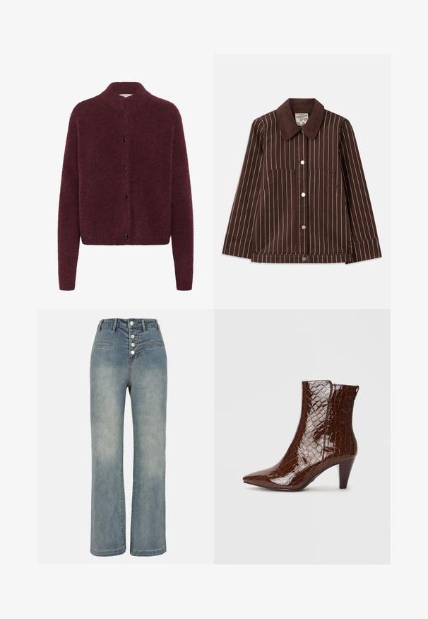 Hnedá kordurová bunda s bielymi vertikálnymi pruhmi, špicatým golierom, prednými gombíkmi a dvoma náprsníkovými vreckami.; Burgundská pletená kardigán s vysokým golierom, dlhými rukávmi a čiernymi gombíkmi pozdĺž prednej strany. Vyrobené z jemnej, textúrovanej tkaniny.; Svetloružový tielko vyrobené z mäkkého, elastického materiálu. Má okrúhly výstrih a úzke ramienka, s hladkou štruktúrou a priliehavým strihom.; Svetlomodré džínsové nohavice so širokými nohavicami, vysokým pásom, zapínaním na päť gombíkov a dvoma prednými vreckami. Hladká textúra s jemným vyblednutím.; Hnedé umelé krokodílie kožené členkové topánky s špicatou špičkou a zužujúcim sa opätkom. Majú lesklý povrch a detail so zipsom na strane.