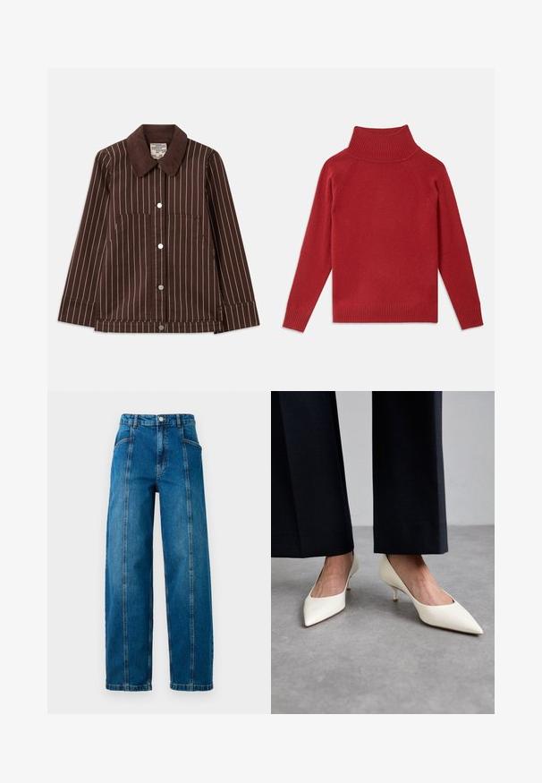 Veste en velours côtelé marron avec des rayures verticales blanches, col pointu, boutons sur le devant et deux poches plaquées.; Pull à col roulé rouge en tricot doux. Présente un col et des poignets côtelés, avec une coupe décontractée et des épaules sans couture.; Jean en denim bleu taille haute avec jambes larges, coutures verticales avant, poches latérales, passants de ceinture et fermeture à bouton.; Stuart Weitzman POWER - Escarpins - cream