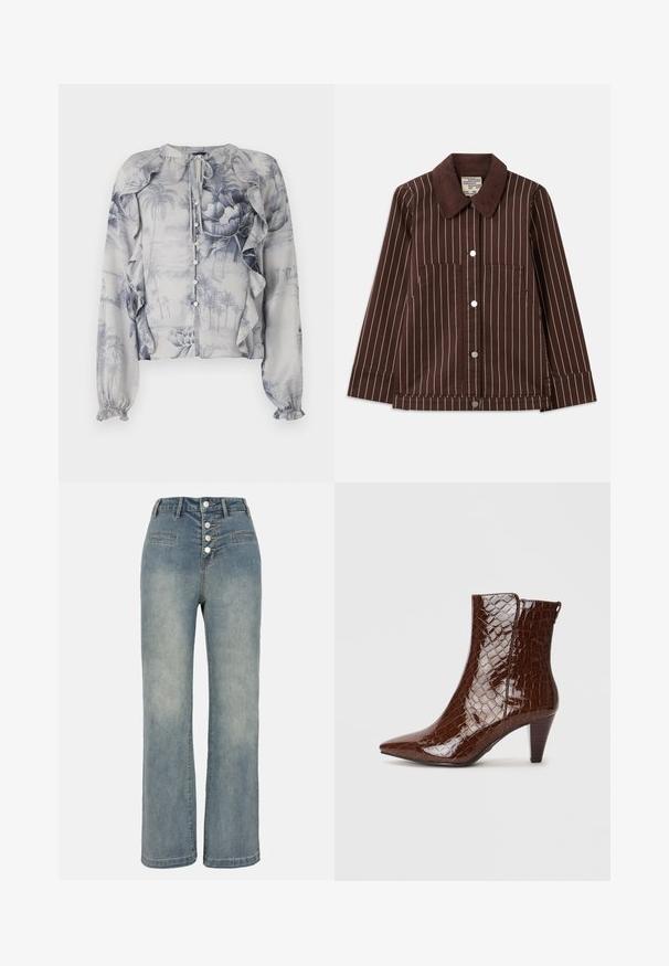 Giacca di velluto a coste marrone con strisce verticali bianche, colletto a punta, bottoni frontali e due tasche applicate.; Blusa leggera con stampa floreale e paesaggistica blu. Volant sulle spalle e chiusura con bottoni. Maniche lunghe con polsini elasticizzati.; Jeans a gamba larga in denim blu chiaro con vita alta, chiusura a cinque bottoni e due tasche frontali. Tessuto liscio con una leggera scoloritura.; Stivaletto in pelle sintetica di coccodrillo marrone con punta affusolata e tacco stretto. Presenta una superficie lucida e un dettaglio con cerniera laterale.