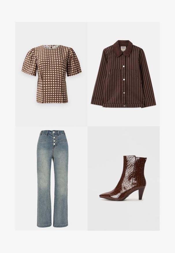 Brown corduroy jacket with white vertical stripes, pointed collar, front buttons, and two patch pockets.; Brown and white checker patterned top with short puff sleeves and a round neckline. Features a zipper at the back and smooth fabric texture.; Light blue denim wide-leg jeans with a high waist, five-button closure, and two front pockets. Smooth texture with subtle fading.; Brown faux crocodile leather ankle boot with a pointed toe and a tapered heel. Features a glossy texture and side zipper detail.
