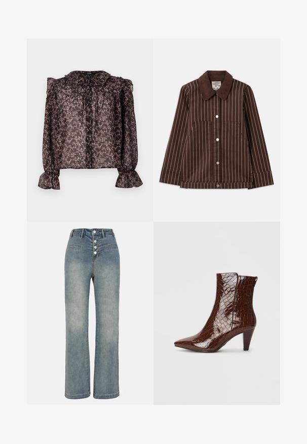 Jachetă din catifea maro cu dungi verticale albe, guler ascuțit, butoane pe față și două buzunare tip fână.; Bluză neagră transparentă cu imprimeu floral roz, guler ondulat, închidere cu nasturi și mâneci strânse cu tivuri evazate.; Jeansi din denim albastru deschis, cu croială largă, talie înaltă, închidere cu cinci nasturi și două buzunare frontale. Textură netedă cu o ușoară decolorare.; Cizme ankle din piele ecologică maro cu aspect de crocodil, cu vârf ascuțit și toc conic. Prezintă o textură lucioasă și un detaliu cu fermoar lateral.