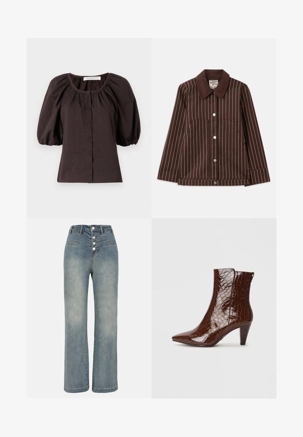 Giacca di velluto a coste marrone con strisce verticali bianche, colletto a punta, bottoni frontali e due tasche applicate.; Blusa marrone scuro con maniche a sbuffo e scollatura rotonda, dotata di sei bottoni frontali. Realizzata in tessuto leggero con una finitura testurizzata.; Jeans a gamba larga in denim blu chiaro con vita alta, chiusura a cinque bottoni e due tasche frontali. Tessuto liscio con una leggera scoloritura.; Stivaletto in pelle sintetica di coccodrillo marrone con punta affusolata e tacco stretto. Presenta una superficie lucida e un dettaglio con cerniera laterale.