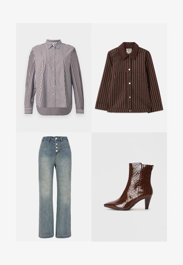 Giacca di velluto a coste marrone con strisce verticali bianche, colletto a punta, bottoni frontali e due tasche applicate.; Camicia button-up realizzata in cotone, con strisce verticali marroni e azzurro chiaro, colletto a punta e maniche lunghe con polsini abbottonati.; Jeans a gamba larga in denim blu chiaro con vita alta, chiusura a cinque bottoni e due tasche frontali. Tessuto liscio con una leggera scoloritura.; Stivaletti alla caviglia in similpelle marrone con punta appuntita, texture effetto coccodrillo e tacco impilato di 5 cm. Apertura laterale senza ferrature visibili.