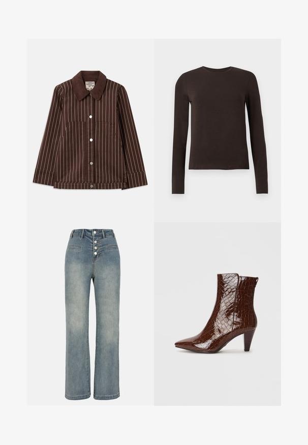 Chaqueta de pana marrón con rayas verticales blancas, cuello puntiagudo, botones delanteros y dos bolsillos de parche.; Camisa de manga larga de cuello redondo en marrón oscuro con un ajuste slim, exhibida sobre un fondo blanco liso.; Jeans de mezclilla anchos de color azul claro con cintura alta, cierre de cinco botones y dos bolsillos frontales. Textura suave con un ligero desvanecimiento.; Botín de tobillo de cuero sintético marrón con diseño de cocodrilo, punta afilada y tacón cónico. Presenta una textura brillante y detalle de cremallera lateral.