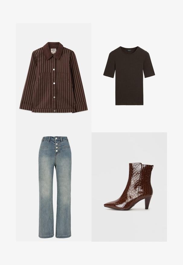 Brązowa kurtka z korduru w białe pionowe paski, z wywiniętym kołnierzem, z przodu na guziki i dwoma kieszeniami naszytymi.; Ciemnobrązowy t-shirt z krótkim rękawem i okrągłym dekoltem, prosty wzór z prążkowanym wykończeniem dekoltu, z metką Massimo Dutti na kołnierzyku.; Jasnoniebieskie dżinsowe spodnie typu wide-leg z wysokim stanem, pięcioma guzikami z przodu i dwiema kieszeniami. Gładka tekstura z delikatnym wyblaknięciem.; Brązowy botek z sztucznej skóry krokodyla z zakończeniem w szpic i zwężanym obcasem. Charakteryzuje się błyszczącą teksturą oraz detalem w postaci bocznego zamka.